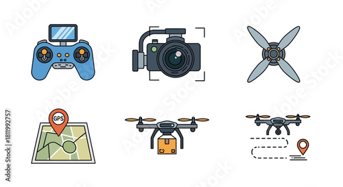 A colorful, hand-drawn icon set of drone technology, including a controller, camera, propeller, map, and delivery drone.