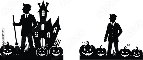 haunted house, jack-o'-lanterns, spooky figures, rake, suit, perfect for festive clipart, seasonal vector art, holiday icon pack