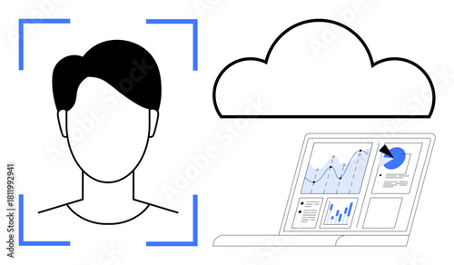 Minimalist artwork featuring a face recognition scan, cloud icon, and laptop with analytics charts. Ideal for technology, data security, cloud computing, AI, remote work, cybersecurity digital