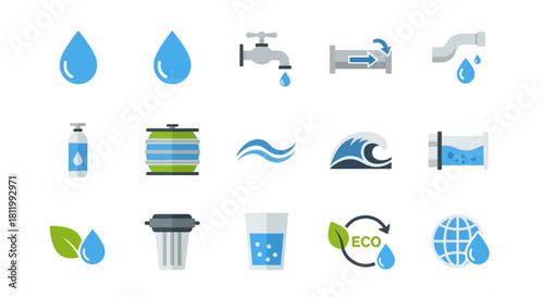 Simple Blue Water Droplets in Various Shapes and Styles for Design Elements.