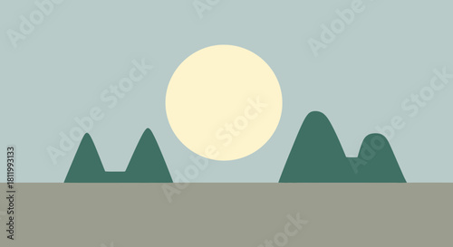 Minimalist Landscape with Sun and Mountains.