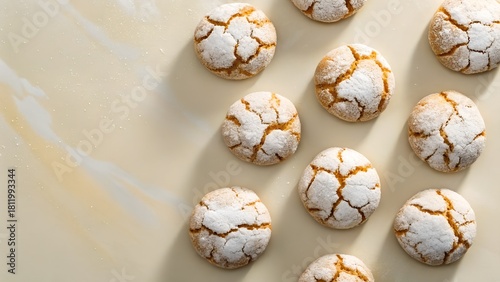 Golden Brown Crinkle Cookies Dusted With Powdered Sugar On A Light Beige Marbled Surface With Glitter Accents