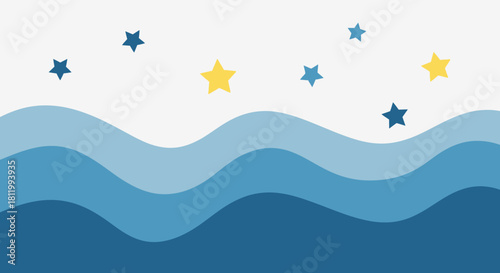Stylized ocean waves with stars in the sky illustration.