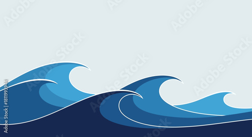 Stylized ocean waves illustration with varying blue hues.