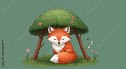 Sleeping Fox Under Tree Illustration.