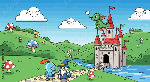 Whimsical Cartoon Landscape with Castle and Characters.