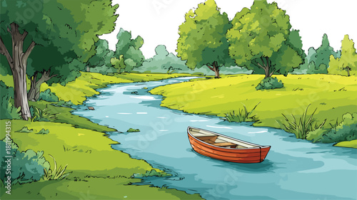 Whimsical Cartoon Illustration of Boat Floating on River with Trees