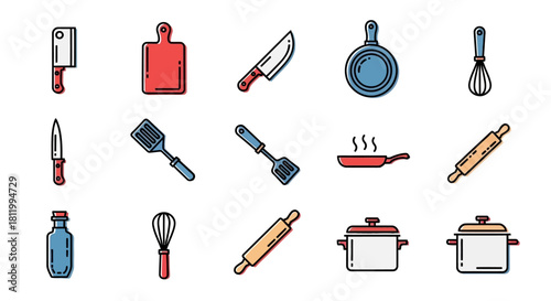 Vibrant hand-drawn kitchen tools and cooking equipment icons in a playful doodle style.