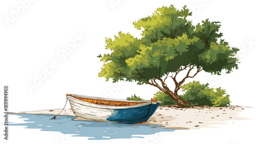 Boat Beach Tree Cartoon Illustration