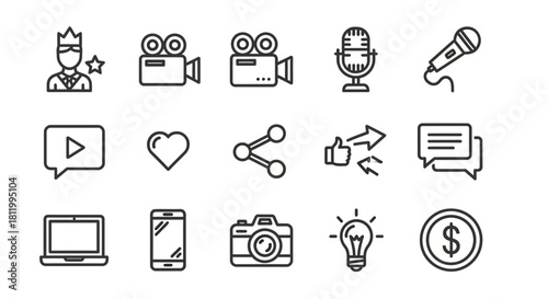 Social media and vlogging line icon set featuring camera, microphone, like, share, and technology symbols.