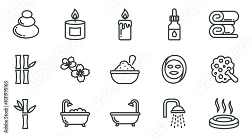 Spa and Wellness Icons - Stones, Candles, Oil, Towels, Bamboo, Flowers, Mask, Bath, Shower.