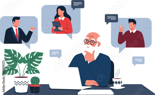 Senior Man Participating in an Online Video Conference or Consulting Session on Laptop, Surrounded by Remote Coworkers in Speech Bubbles Vector Illustration.