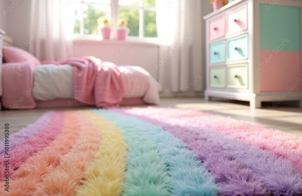 Naklejka premium Kids room with rainbow rug pastel furniture. Bed, dresser, window provide natural light. Gentle colours create cozy space. Interior details enhance room appeal. Home decor creates playful, bright