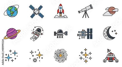 Space Exploration Icons - Planets, Satellites, Astronaut, Rocket, Telescope, Moon, Stars, and Spacecraft.