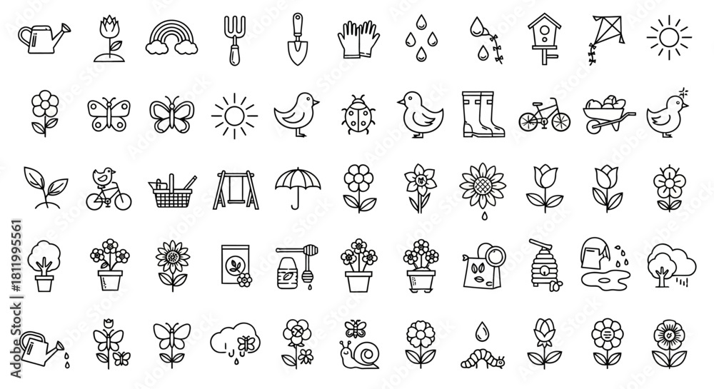 Fototapeta premium Spring Garden Icons - Hand-Drawn Style, Gardening Elements, Nature Symbols, Floral, Weather, and Outdoor Activities.