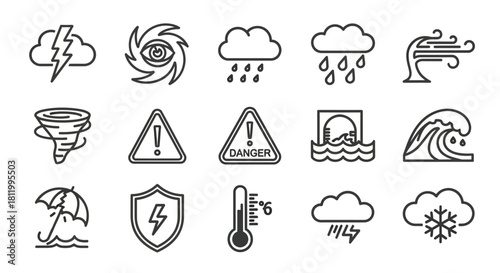 Weather Hazard Icons - Lightning, Hurricane, Rain, Wind, Tornado, Flood, Tsunami, and Snow.