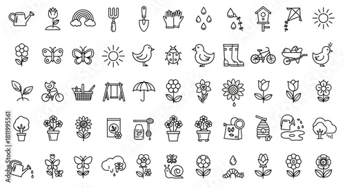 Spring Garden Icons - Hand-Drawn Style, Gardening Elements, Nature Symbols, Floral, Weather, and Outdoor Activities.