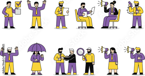 Large Vector Collection of Business People Icons Demonstrating Voting, Megaphone Communication, Data Analysis, Security, and Partnership in a Colorful Flat Line Style.