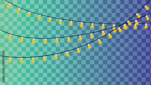 String of glowing yellow party light bulbs hanging on a wire