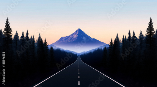 Minimalist composition of asphalt highway road with green forest and mountain silhouette, AI generated