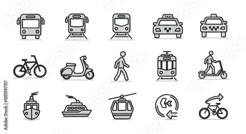 Transportation Icons - Bus, Train, Taxi, Bike, Scooter, Pedestrian, Tram, Boat, Gondola, and Shared Mobility.