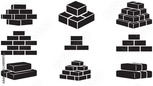 Stacked brick asset icon — solid black vector of modular blocks symbolizing assets, reserves, storage and infrastructure (editable, isolated)
