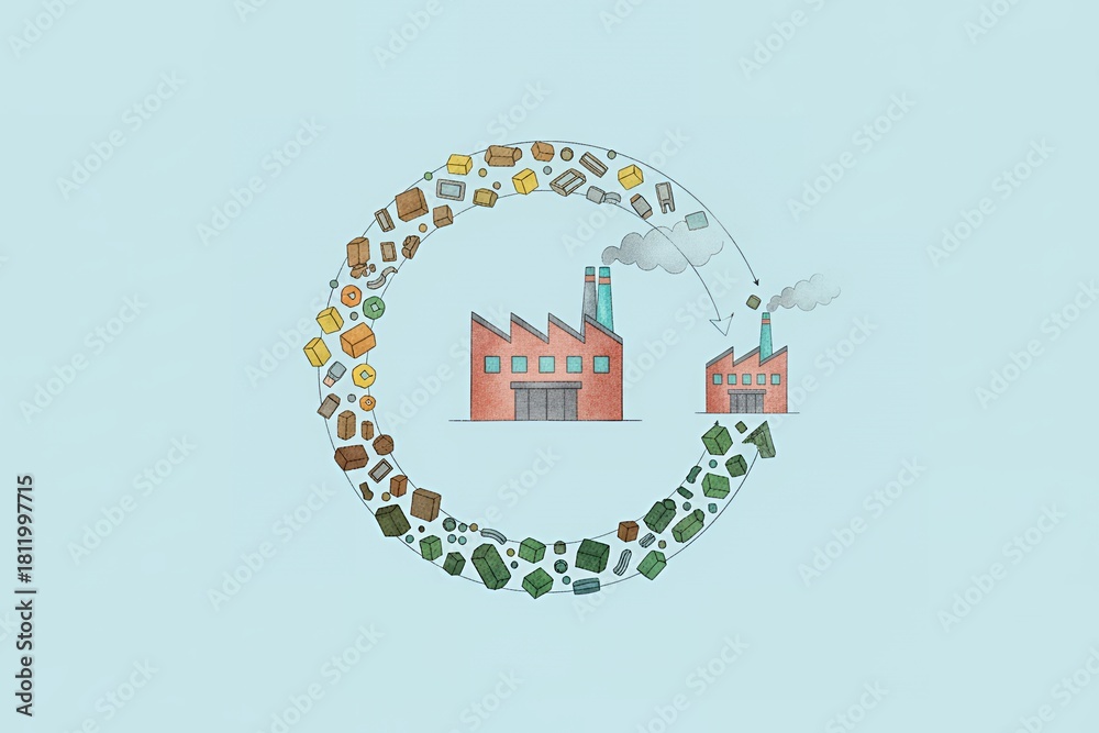 Naklejka premium Recycling process illustrated with factories and waste materials circular product lifecycle