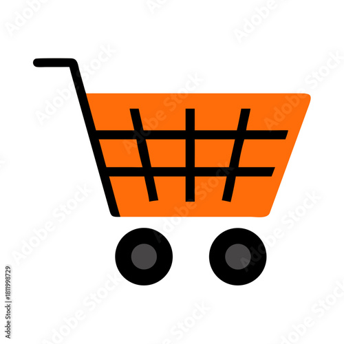 Shopping cart icon with orange basket and black wheels
