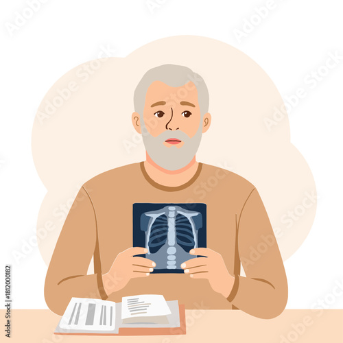 Elderly man holding x-ray. Senior showing chest x-ray. Doctor examining x-ray result. Older patient reviewing diagnosis. Elderly set