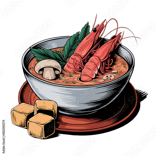 A delicious and flavorful bowl of tom yum goong soup with large shrimp and mushrooms artfully illustrated and isolated on white background