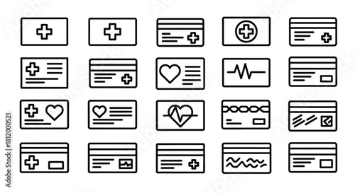 A minimalist set of black line art medical card icons, featuring health insurance and patient ID with plus, heart, and EKG symbols.