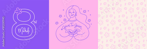 Happy International Women s Day greeting cards set on theme of GiveToGain. Square covers with minimalist female character, floral seamless pattern. Vector
