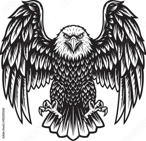 Black and white vector illustration of a fierce eagle with wings spread wide and sharp details, symbolizing power, freedom, and strength. Perfect for tattoos, logos, t-shirts, projects.