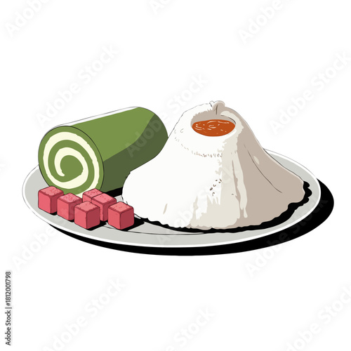 A delicious green swiss roll cake with pink candies and a white dessert with orange topping isolated on white background