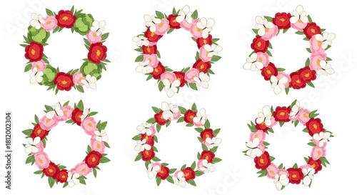 Floral wreath vector design with butterflies flowers and leaves art set