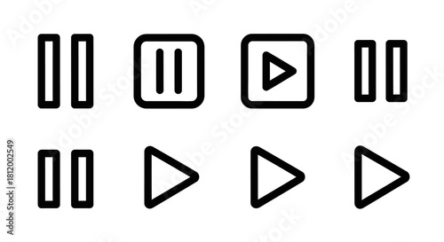Set of eight simple black outlined media player control icons on white background.