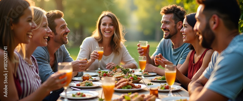 A vibrant barbecue gathering showcasing a diverse group of smiling friends enjoying a festive outdoor meal, ideal for showcasing joy and community.