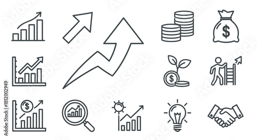 Set of hand-drawn style business growth, finance, and success line art icons.