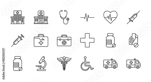 Set of medical and healthcare icons in a black and white outline style, featuring a hospital, stethoscope, EKG, syringe, and ambulance symbols.