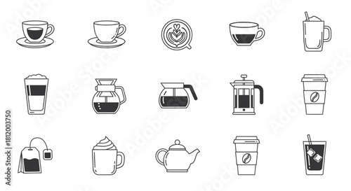Assortment of Hand-Drawn Coffee and Tea Cups and Brewing Equipment Icons.