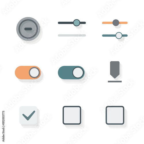Set of modern flat design UI elements with subtle shadows, including sliders, toggles, and checkboxes.