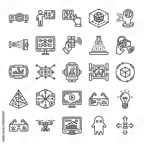 Augmented Reality, Virtual Reality, Future Technology Line Art Icon Set.