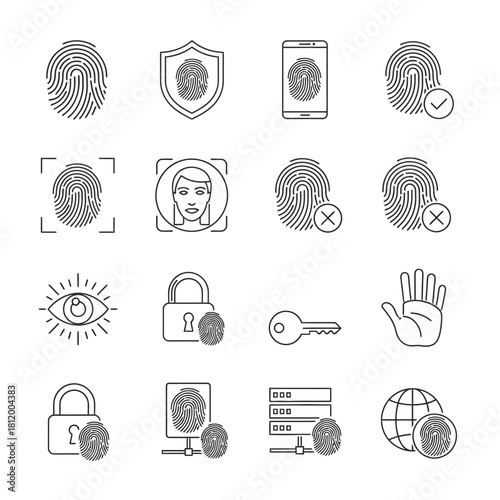 Biometric identification and security thin line icon set with fingerprint, face scan, and padlock symbols.
