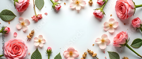 An artistically arranged flat lay of seasonal spring items and blooming flowers with a delicate balance, facilitating an effective template with generous space for copy.