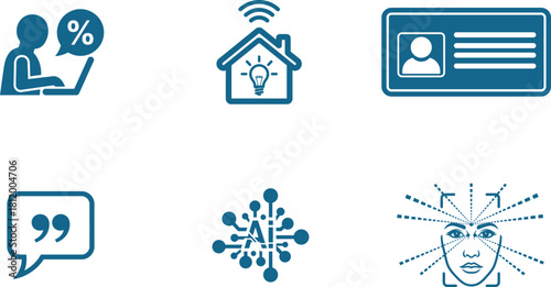 AI Solutions and Innovative Technology Concept Icons Showing Smart Home Face Recognition Identity Percentage Growth Communication and Artificial Intelligence Integration
