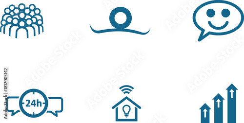Business Communication Smart Home and Data Analytics Icon Set Featuring Crowd Sourcing Connectivity Customer Service Round the Clock Support and Business Growth