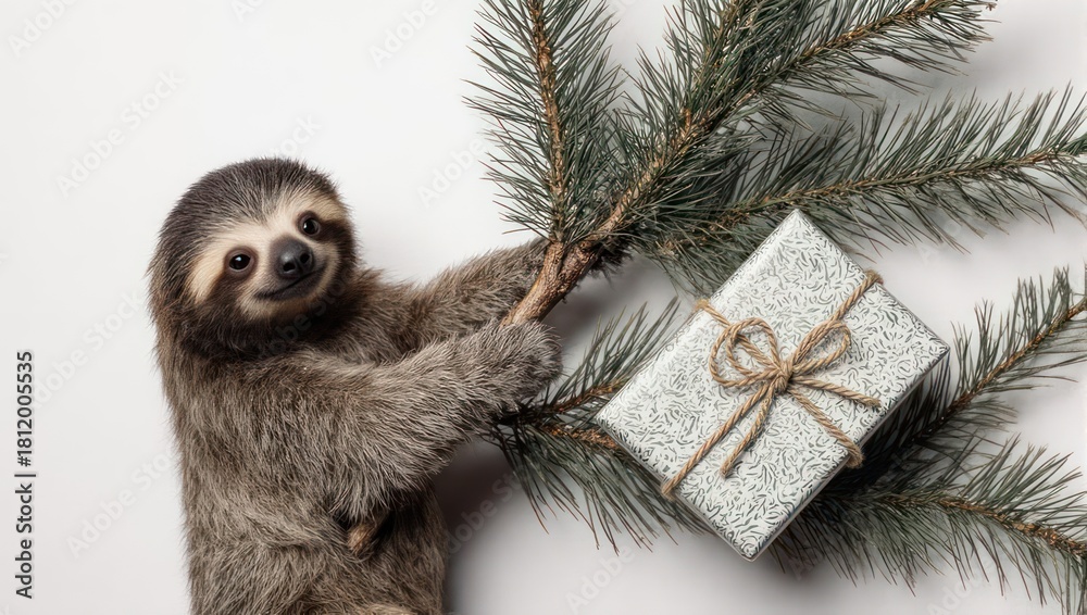 Fototapeta premium Festive Sloth with Christmas Gift on Pine Branch.