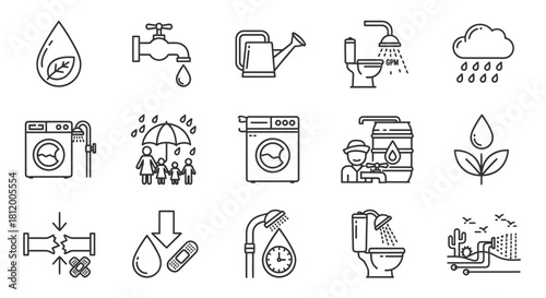 Set of water conservation and usage line art icons, featuring drops, faucets, showers, and appliances.