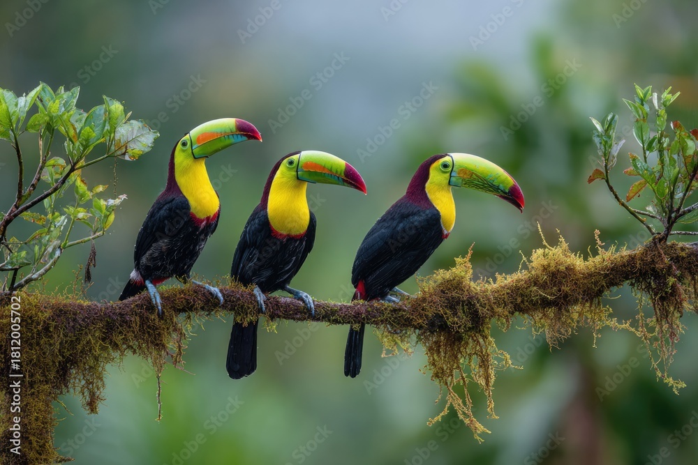 Obraz premium Three toucans perched on a branch in a lush forest