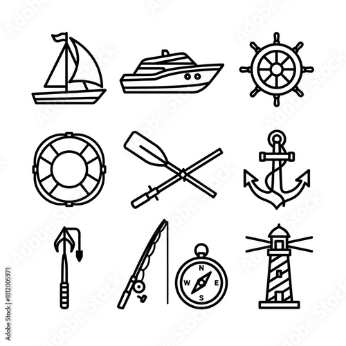 Nautical Icons Set - Sailboat, Yacht, Wheel, Lifebuoy, Oars, Anchor, Harpoon, Rod, Compass, Lighthouse.